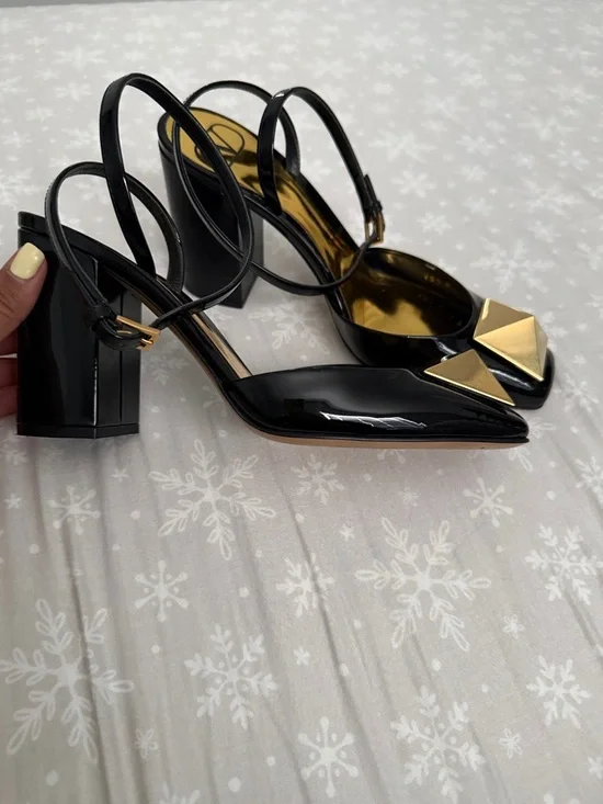 Valentino Black Patent Slingback Pumps with Gold Pyramid Accent - Picture 8 of 15